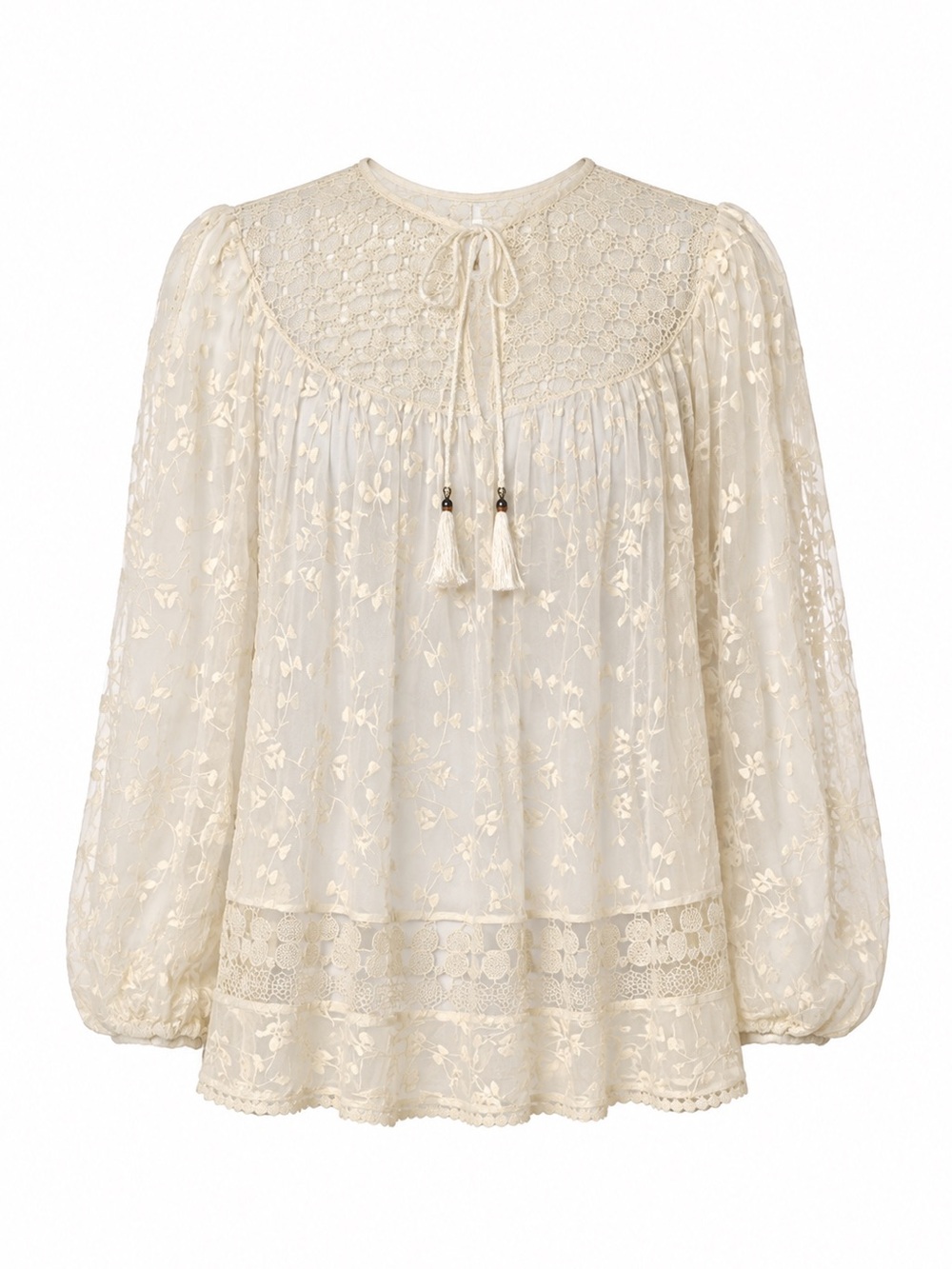 Zimmermann Cream Embroidered Lace Peasant Blouse with Tassel Tie